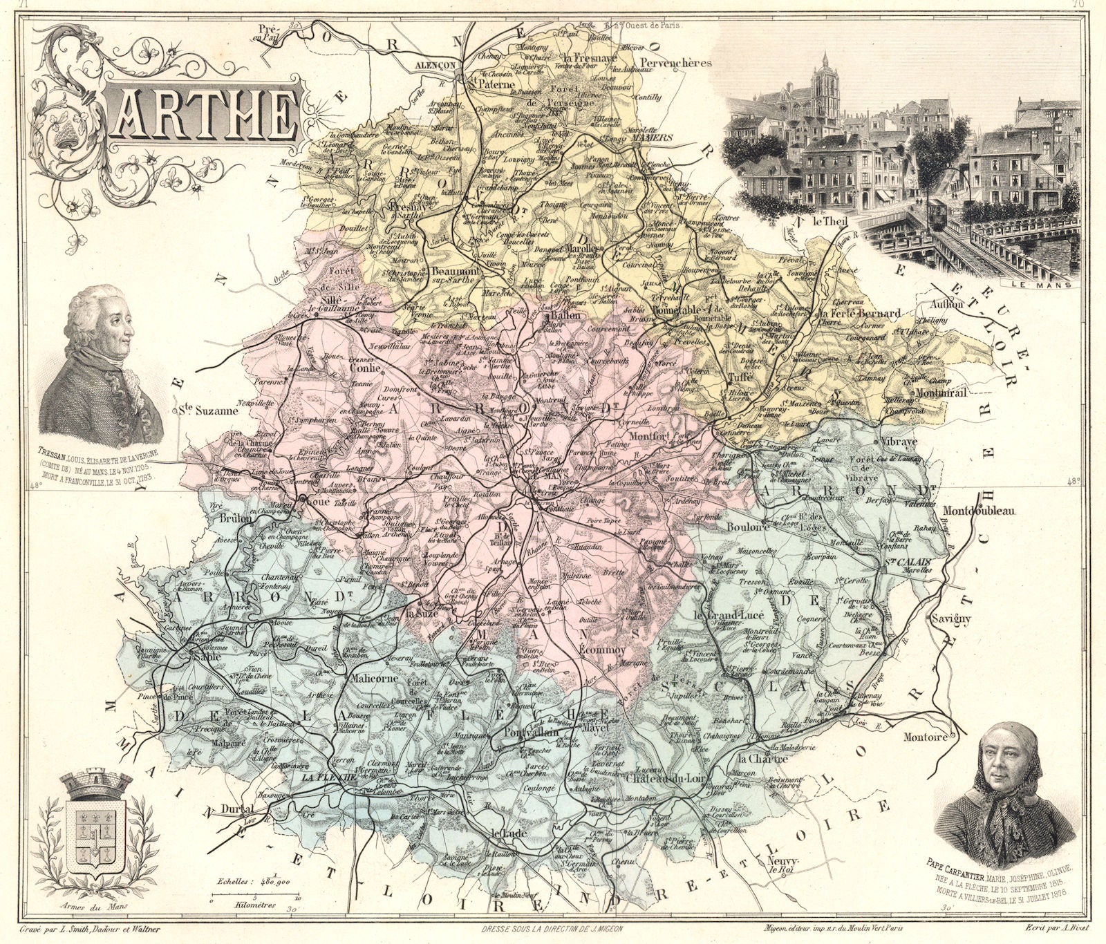 SARTHE. Sarthe département.  Le Mans vignette. Vuillemin 1903 old antique map